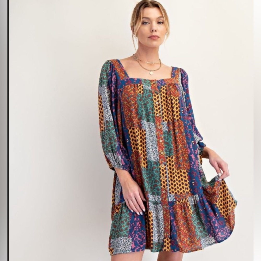 easel Multicolor Patchwork Square-Neck Peasant Dress